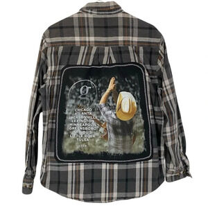 Garth Brooks Band Flannel Shirt Shacket Mens Large Plaid Button Down Grey Black